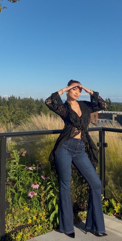 Outdoor lifestyle brand content shoot in black lace and denim